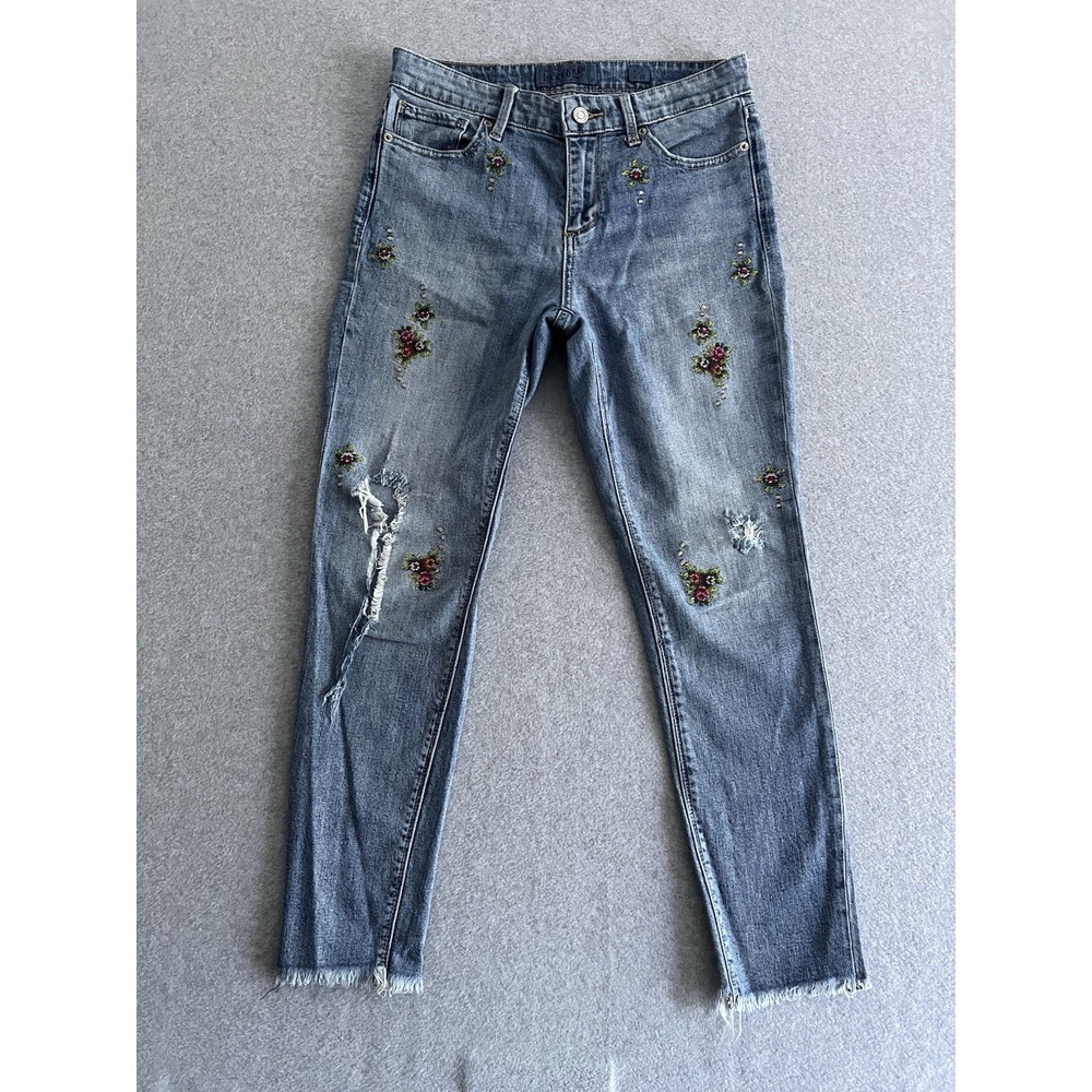 Lucky Brand Ava Skinny Ankle Gallup Embroidered Floral Distressed Jeans Sze 4/27